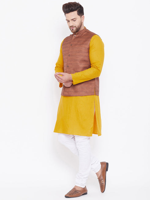 Vastramay Men's Coffee Brown, Mustard And White Cotton Blend Jacket, Kurta and Pyjama Set
