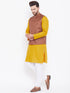 Vastramay Men's Coffee Brown, Mustard And White Cotton Blend Jacket, Kurta and Pyjama Set