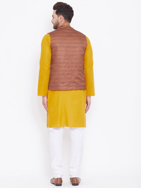 Vastramay Men's Coffee Brown, Mustard And White Cotton Blend Jacket, Kurta and Pyjama Set