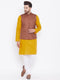 Vastramay Men's Coffee Brown, Mustard And White Cotton Blend Jacket, Kurta and Pyjama Set