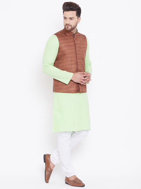Vastramay Men's Coffee, Mint Green And White Cotton Blend Jacket, Kurta and Pyjama Set