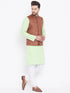 Vastramay Men's Coffee, Mint Green And White Cotton Blend Jacket, Kurta and Pyjama Set