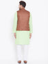 Vastramay Men's Coffee, Mint Green And White Cotton Blend Jacket, Kurta and Pyjama Set