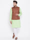 Vastramay Men's Coffee, Mint Green And White Cotton Blend Jacket, Kurta and Pyjama Set