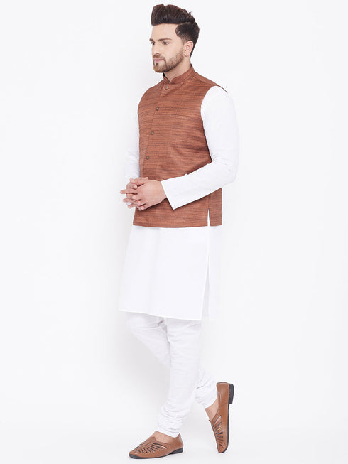 Vastramay Men's Coffee Brown And White Cotton Blend Jacket, Kurta and Pyjama Set