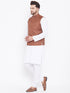 Vastramay Men's Coffee Brown And White Cotton Blend Jacket, Kurta and Pyjama Set