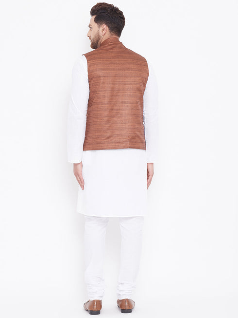 Vastramay Men's Coffee Brown And White Cotton Blend Jacket, Kurta and Pyjama Set