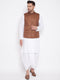 Vastramay Men's Coffee Brown And White Cotton Blend Jacket, Kurta and Dhoti Set