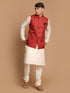 Vastramay Men's Maroon Textured Nehru Jacket With Cream Kurta and Pyjama Set