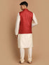 Vastramay Men's Maroon Textured Nehru Jacket With Cream Kurta and Pyjama Set