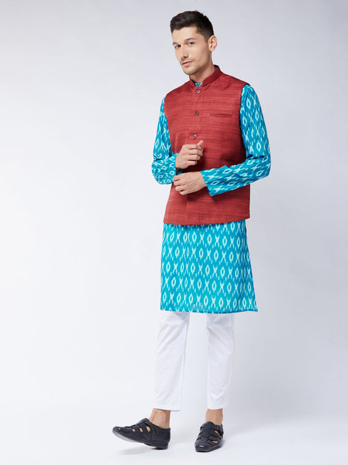 Vastramay Men's Maroon Silk Blend Ethnic Jacket With Turquoise And White Kurta Pyjama Set