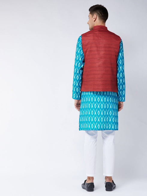 Vastramay Men's Maroon Silk Blend Ethnic Jacket With Turquoise And White Kurta Pyjama Set