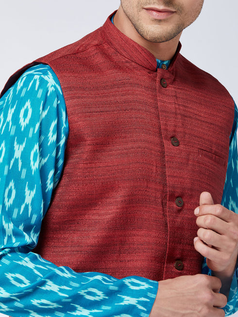 Vastramay Men's Maroon Silk Blend Ethnic Jacket With Turquoise And White Kurta Pyjama Set