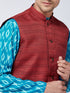 Vastramay Men's Maroon Silk Blend Ethnic Jacket With Turquoise And White Kurta Pyjama Set