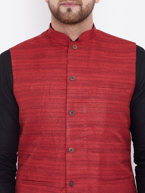 Vastramay Men's Maroon, Black And White Cotton Blend Jacket, Kurta and Pyjama Set