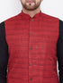 Vastramay Men's Maroon, Black And White Cotton Blend Jacket, Kurta and Pyjama Set