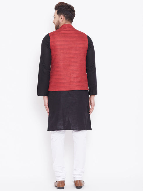Vastramay Men's Maroon, Black And White Cotton Blend Jacket, Kurta and Pyjama Set