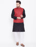 Vastramay Men's Maroon, Black And White Cotton Blend Jacket, Kurta and Pyjama Set