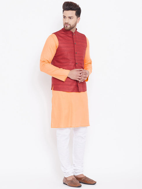 Vastramay Men's Maroon, Fawn And White Cotton Blend Jacket, Kurta and Pyjama Set