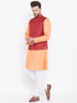 Vastramay Men's Maroon, Fawn And White Cotton Blend Jacket, Kurta and Pyjama Set