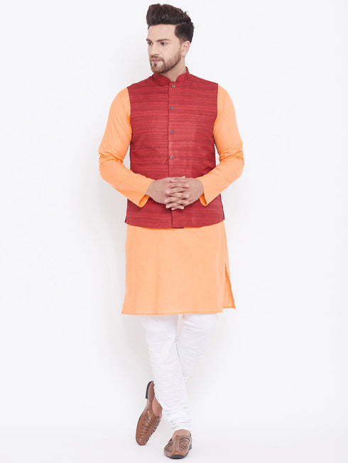 Vastramay Men's Maroon, Fawn And White Cotton Blend Jacket, Kurta and Pyjama Set