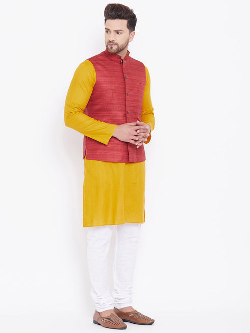 Vastramay Maroon, Mustard And White Baap Beta Nehru Jacket Kurta Pyjama set