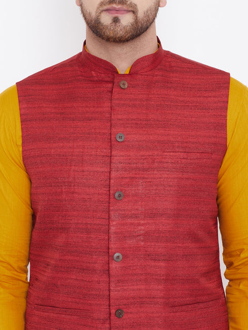 Vastramay Maroon, Mustard And White Baap Beta Nehru Jacket Kurta Pyjama set