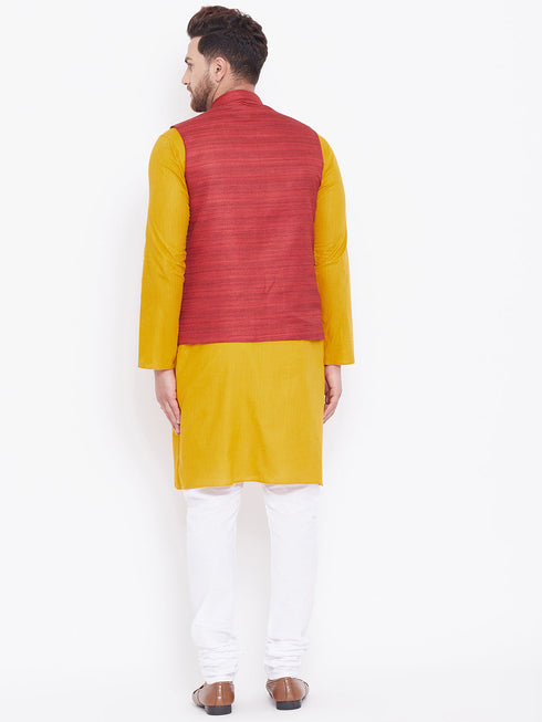 Vastramay Maroon, Mustard And White Baap Beta Nehru Jacket Kurta Pyjama set