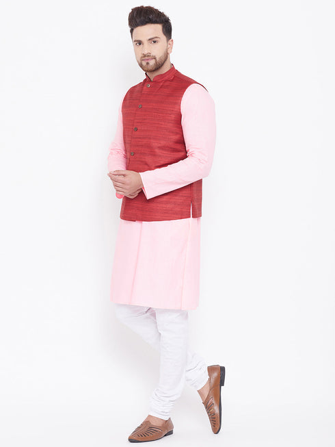 Vastramay Maroon, Pink And White Baap Beta Nehru Jacket Kurta Pyjama set
