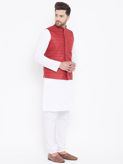 Vastramay Maroon Nehru Jacket And White Kurta Pyjama Baap Beta Set