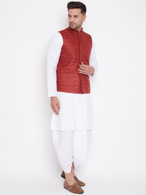 Vastramay Maroon Cotton Silk Nehru Jacket & White Dhoti Kurta Baap Beta Set