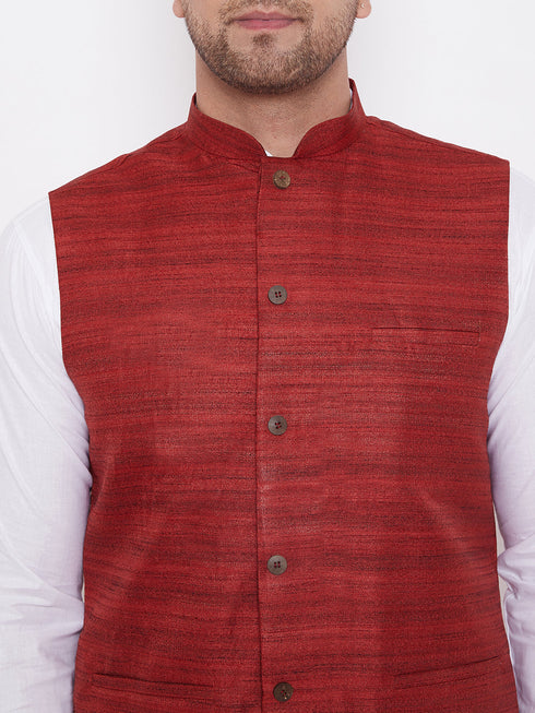Vastramay Maroon Cotton Silk Nehru Jacket & White Dhoti Kurta Baap Beta Set