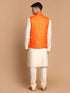 Vastramay Men's Orange Cotton Blend Jacket With Cream Solid Kurta And Pyjama Set