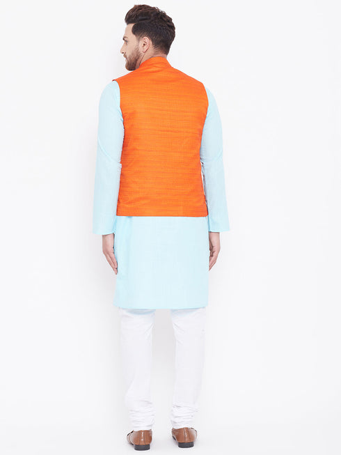 Vastramay Orange And Turquoise Color White Baap Beta Nehru Jacket Kurta Pyjama set