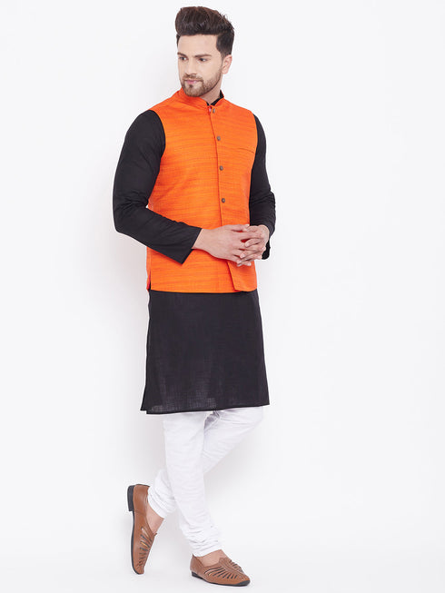Vastramay Men's Orange, Black And White Cotton Blend Jacket, Kurta and Pyjama Set