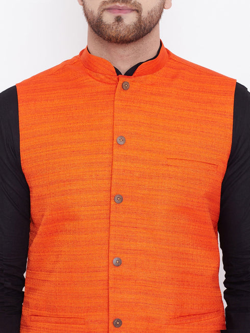 Vastramay Men's Orange, Black And White Cotton Blend Jacket, Kurta and Pyjama Set