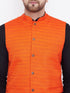 Vastramay Men's Orange, Black And White Cotton Blend Jacket, Kurta and Pyjama Set