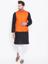 Vastramay Men's Orange, Black And White Cotton Blend Jacket, Kurta and Pyjama Set