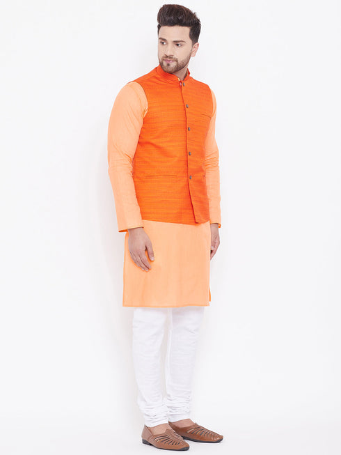 Vastramay Men's Orange, Fawn And White Cotton Blend Jacket, Kurta and Pyjama Set