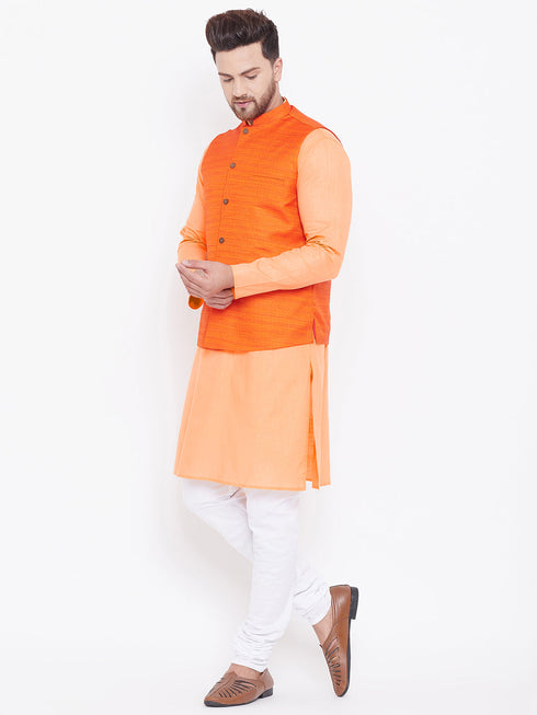 Vastramay Men's Orange, Fawn And White Cotton Blend Jacket, Kurta and Pyjama Set