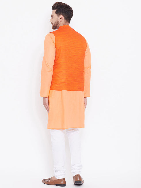 Vastramay Men's Orange, Fawn And White Cotton Blend Jacket, Kurta and Pyjama Set