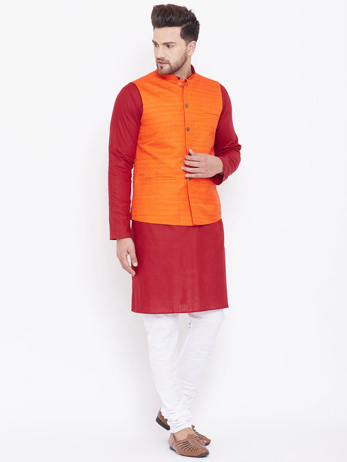 Vastramay Men's Orange, Maroon And White Cotton Blend Jacket, Kurta and Pyjama Set