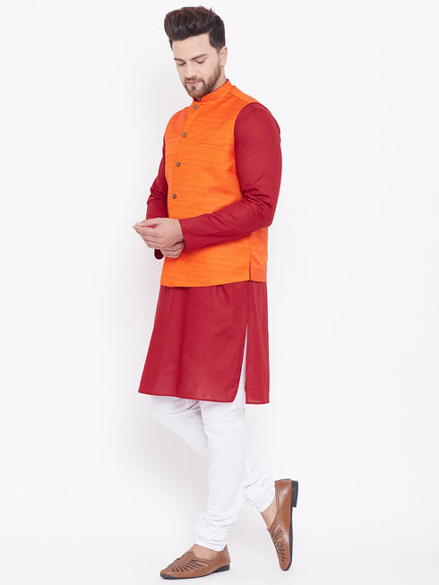 Vastramay Men's Orange, Maroon And White Cotton Blend Jacket, Kurta and Pyjama Set