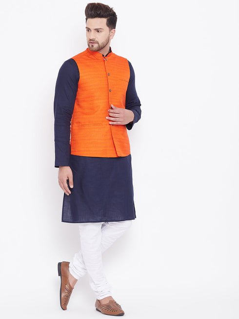 Vastramay Men's Orange, Navy Blue And White Cotton Blend Jacket, Kurta and Pyjama Set
