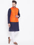 Vastramay Men's Orange, Navy Blue And White Cotton Blend Jacket, Kurta and Pyjama Set