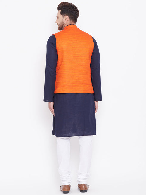 Vastramay Men's Orange, Navy Blue And White Cotton Blend Jacket, Kurta and Pyjama Set