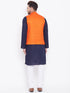 Vastramay Men's Orange, Navy Blue And White Cotton Blend Jacket, Kurta and Pyjama Set