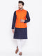 Vastramay Men's Orange, Navy Blue And White Cotton Blend Jacket, Kurta and Pyjama Set