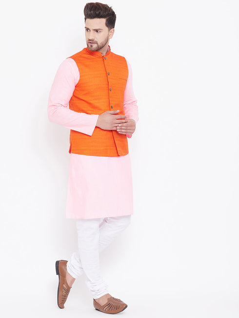 Vastramay Men's Orange, Pink And White Cotton Blend Jacket, Kurta and Pyjama Set