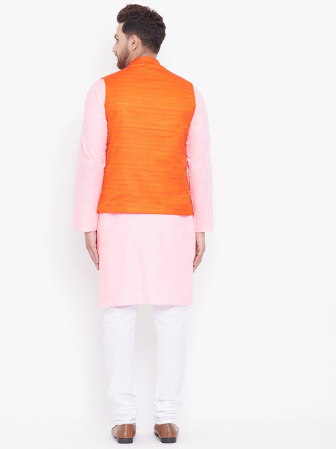 Vastramay Men's Orange, Pink And White Cotton Blend Jacket, Kurta and Pyjama Set